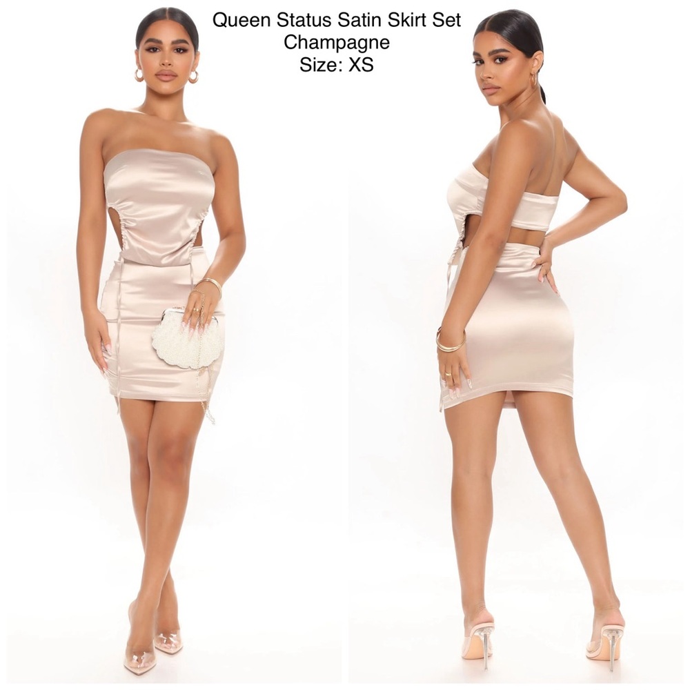 Champagne Color 2-Piece Faux Satin Skirt Set